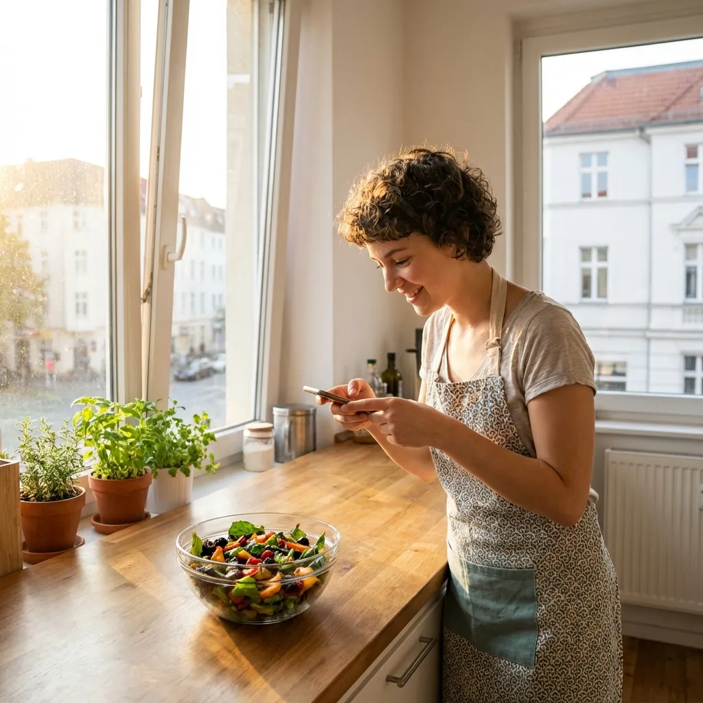 Frau in der Küche macht ein Foto von einem Salat