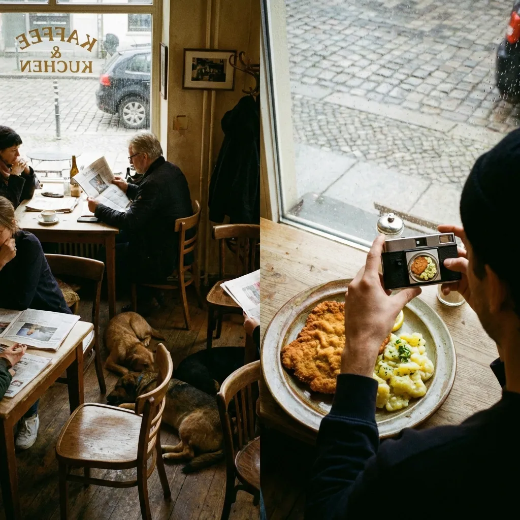 Person im Café macht ein Foto von Schnitzel