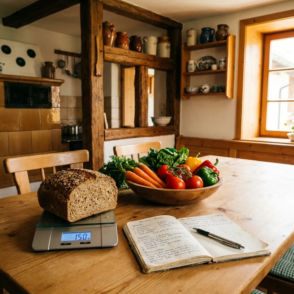 Gesunde Zutaten und Küchenwaage auf Holztisch