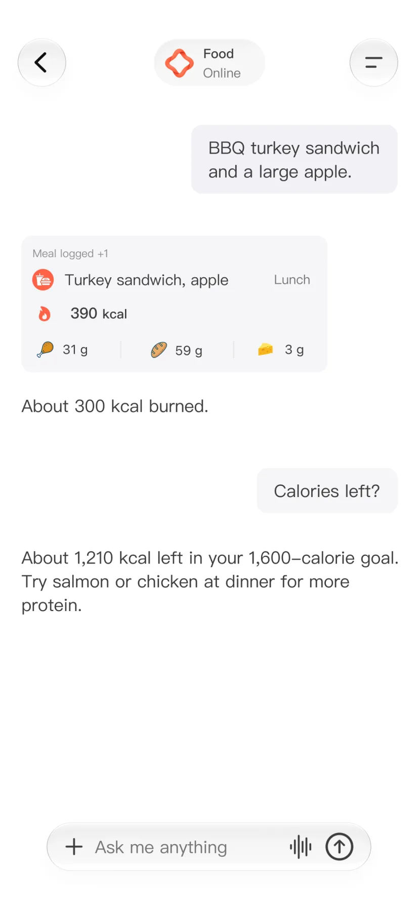 CalMind chat showing a meal log with kcal and macros