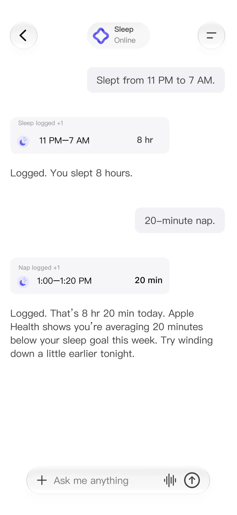 CalMind chat showing sleep and nap records