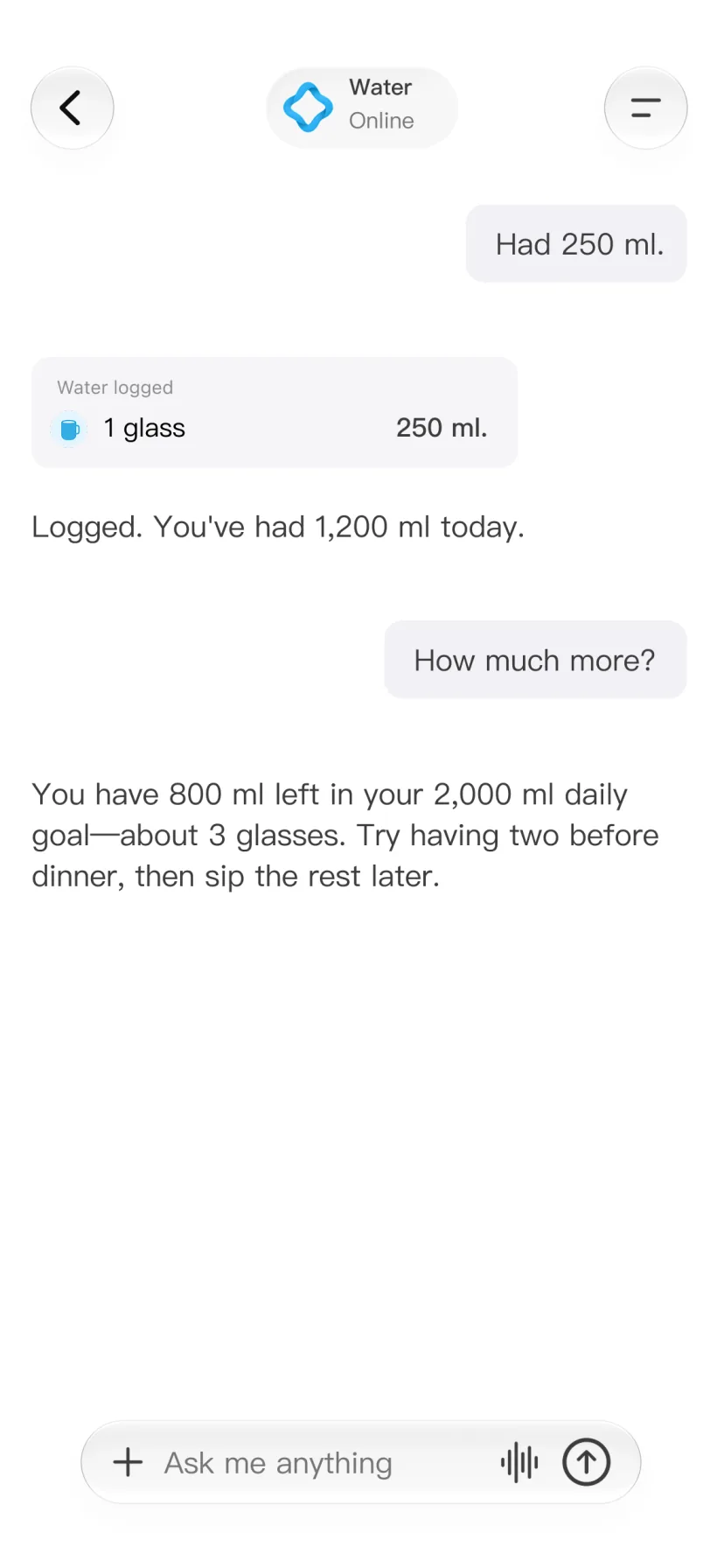 CalMind chat showing water intake and a daily goal