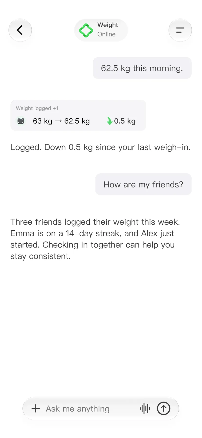 CalMind chat showing weight changes and friends' progress