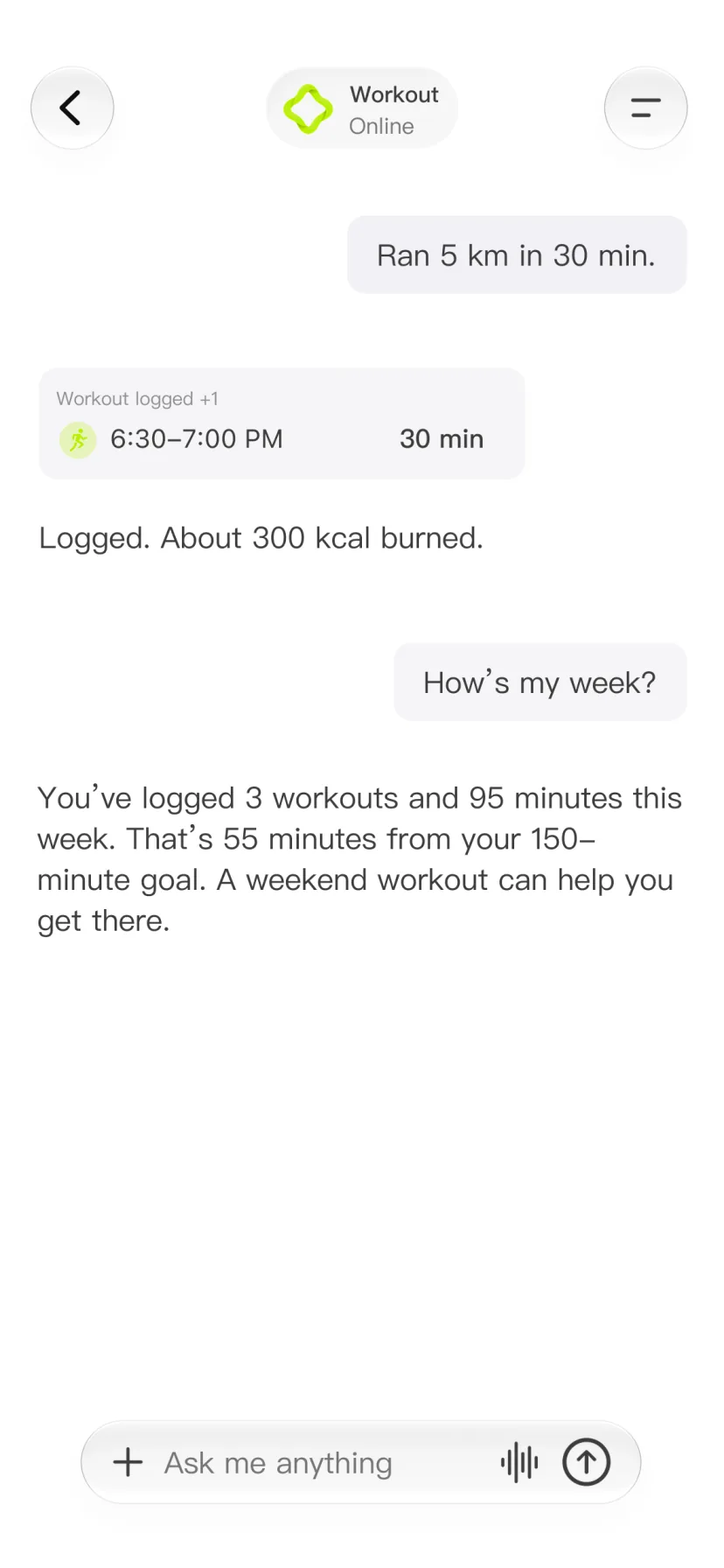 CalMind chat showing a workout log and weekly activity