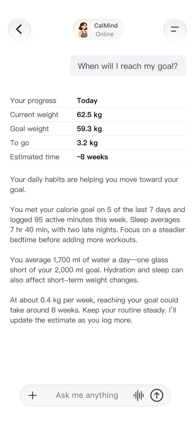 CalMind chat connecting health records with progress toward a personal goal