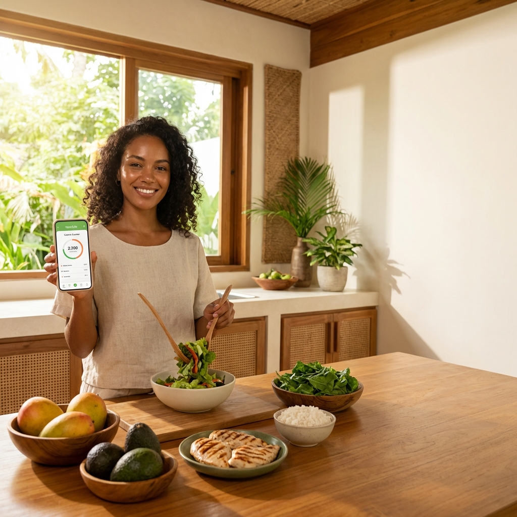 Mulher brasileira usando app de contar calorias na cozinha