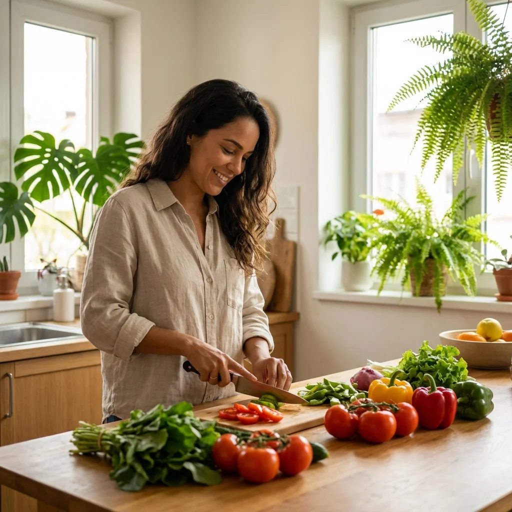 Mulher preparando refeição saudável em cozinha brasileira moderna