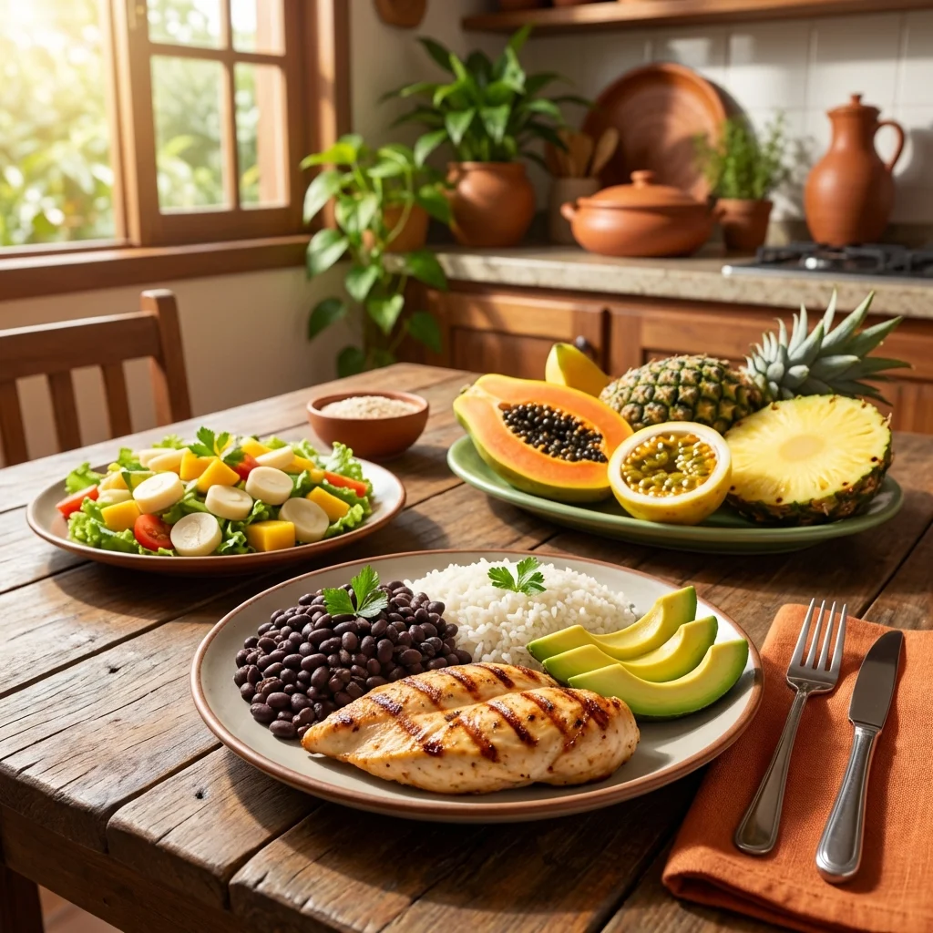 Refeição brasileira saudável com frango, arroz, feijão e frutas tropicais